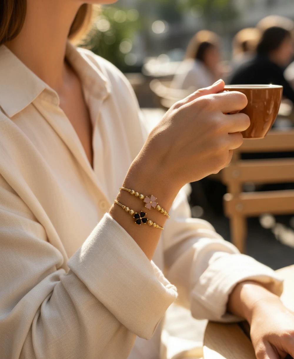 Gold-Tone Floral Stone Bangle Bracelet Pair - Women & Baby (Pink/Black)