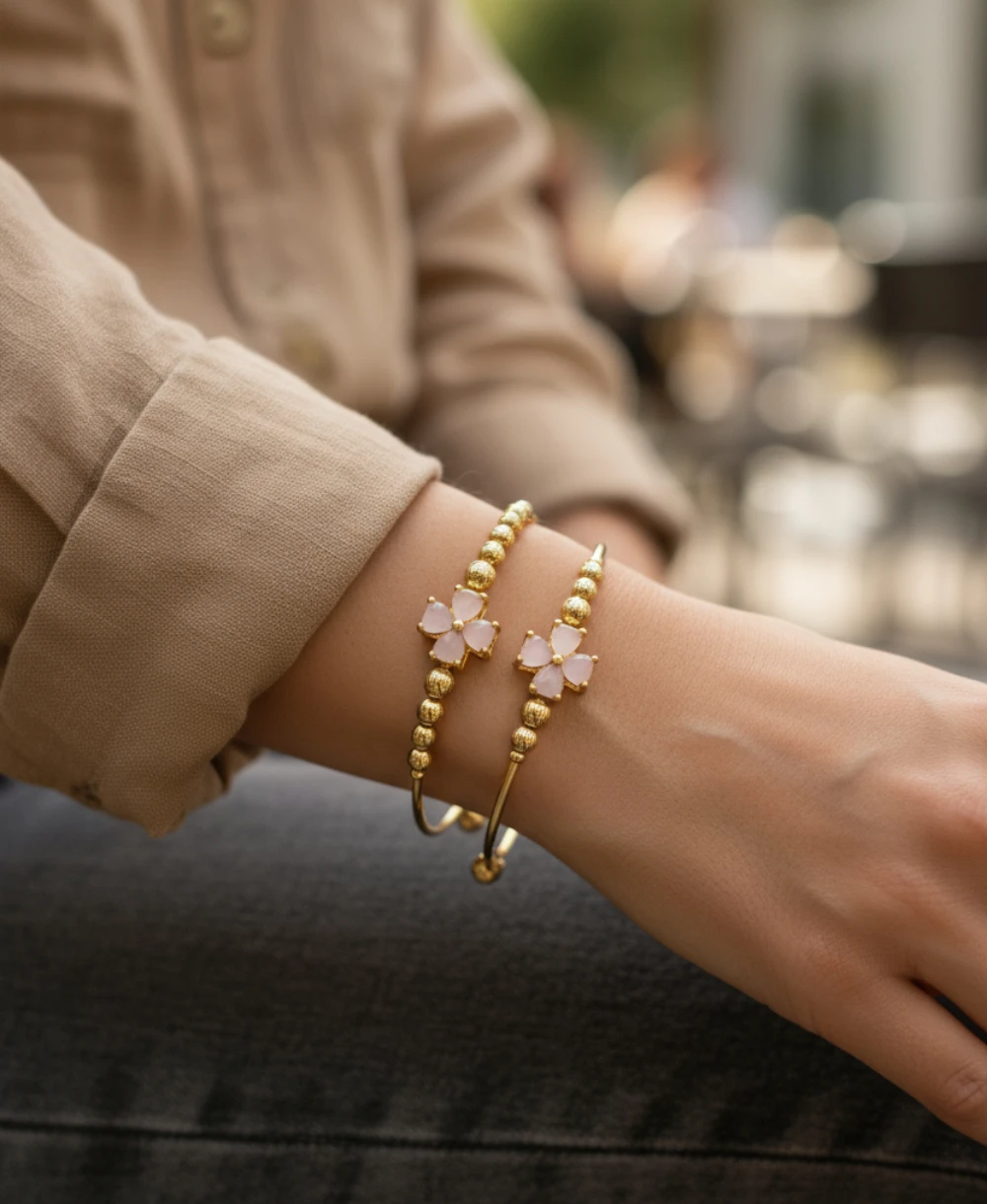 Gold-Tone Floral Stone Bangle Bracelet Pair - Women & Baby (Pink/Black)