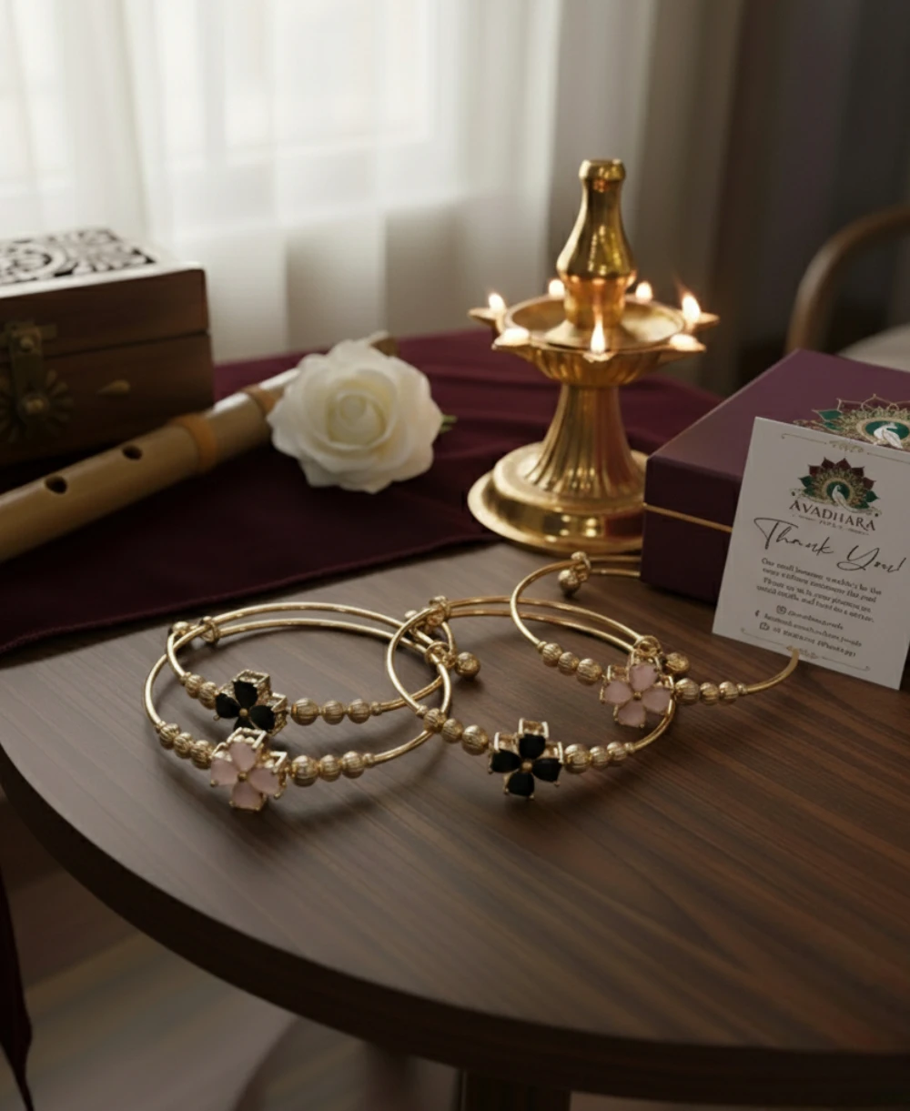 Gold-Tone Floral Stone Bangle Bracelet Pair - Women & Baby (Pink/Black)