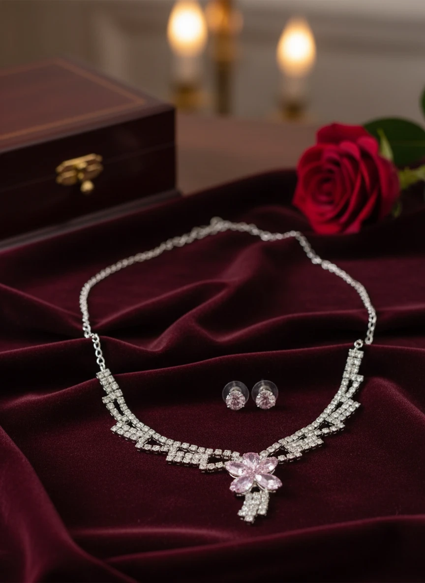 Lightweight American Diamond Necklace Set with Pink Stone – Elegant Partywear Jewellery by Avadhara