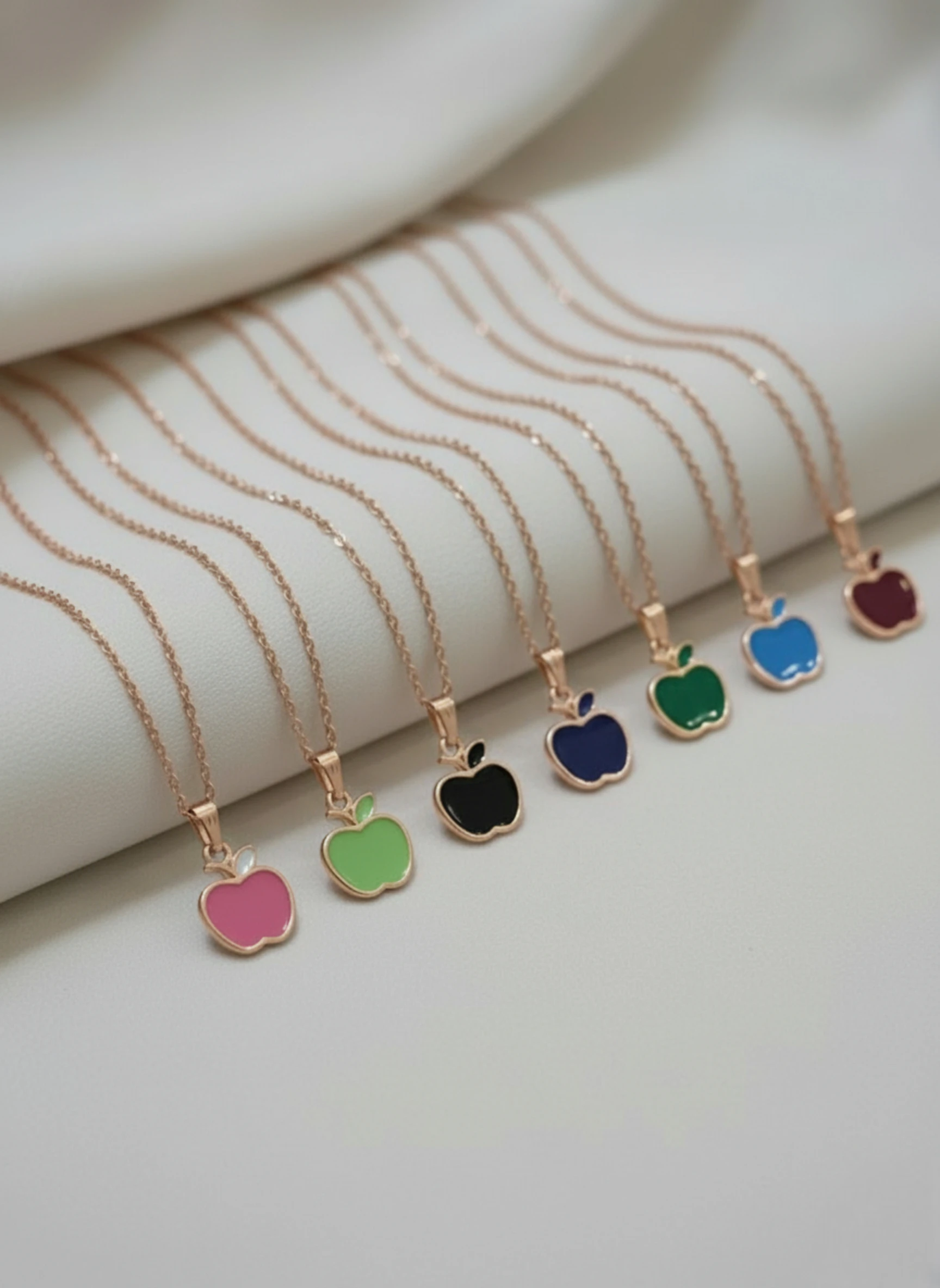 Apple Pendant Necklace & Bracelet Set in Gold-Tone with Colored Gem Accents