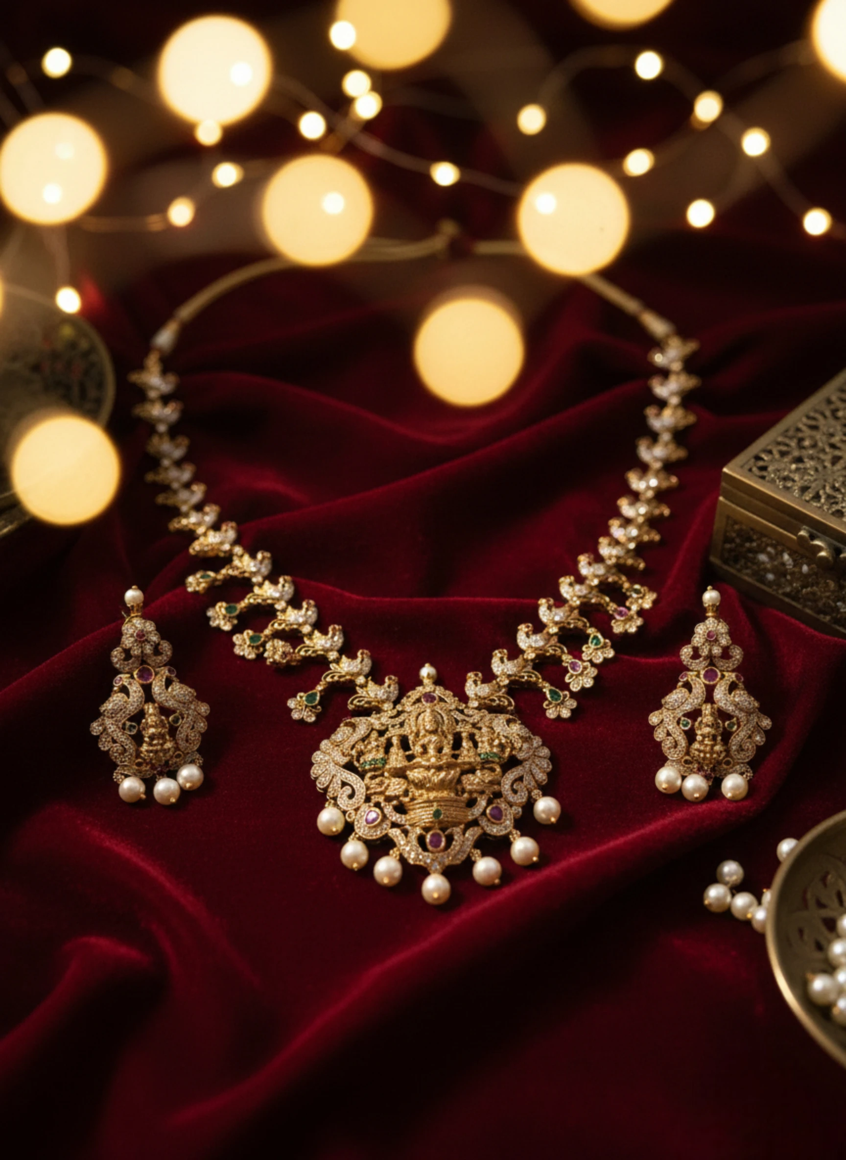 Traditional Lakshmi Temple Necklace Set with Ruby, Emerald & Pearl Drops