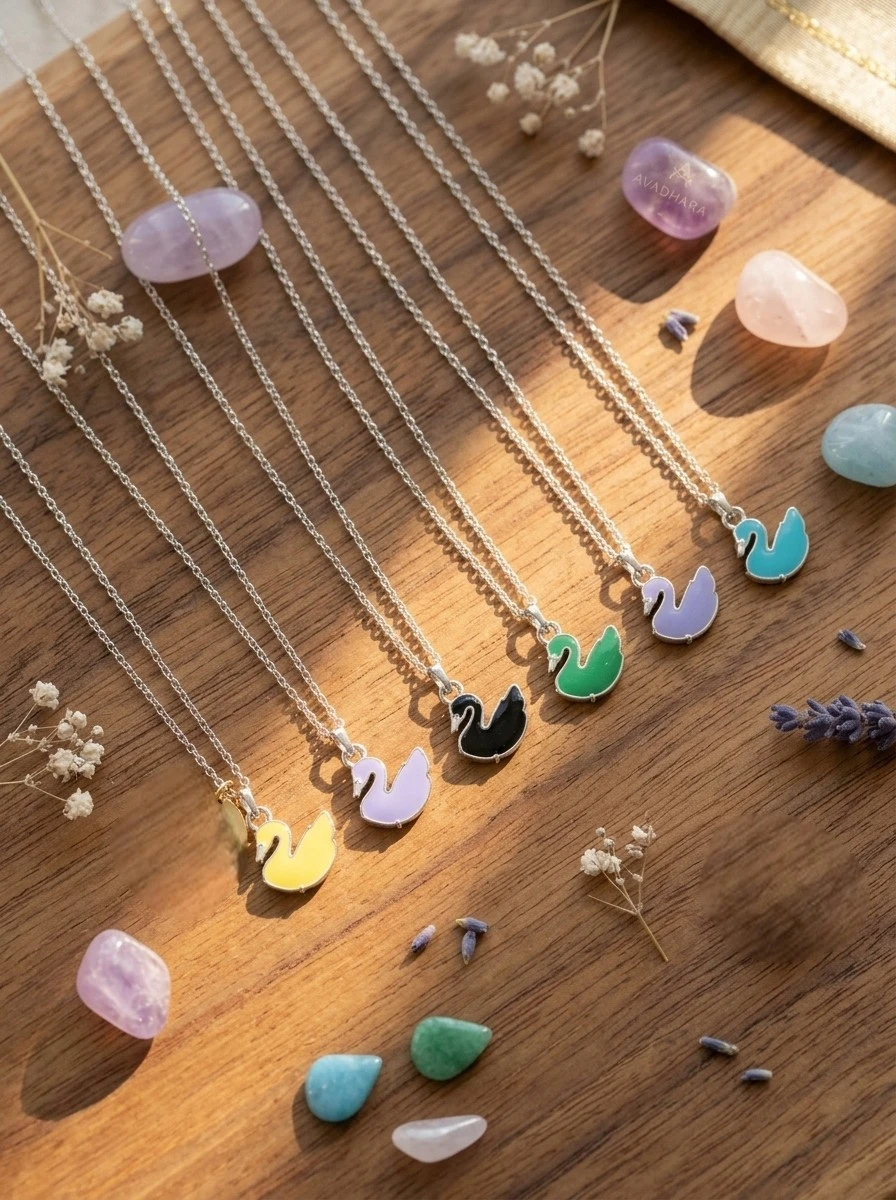 Lightweight Stainless Steel Swan Pendant Necklace Set | Multi-Colour Daily Wear Jewellery | Trendy Ladies Chain