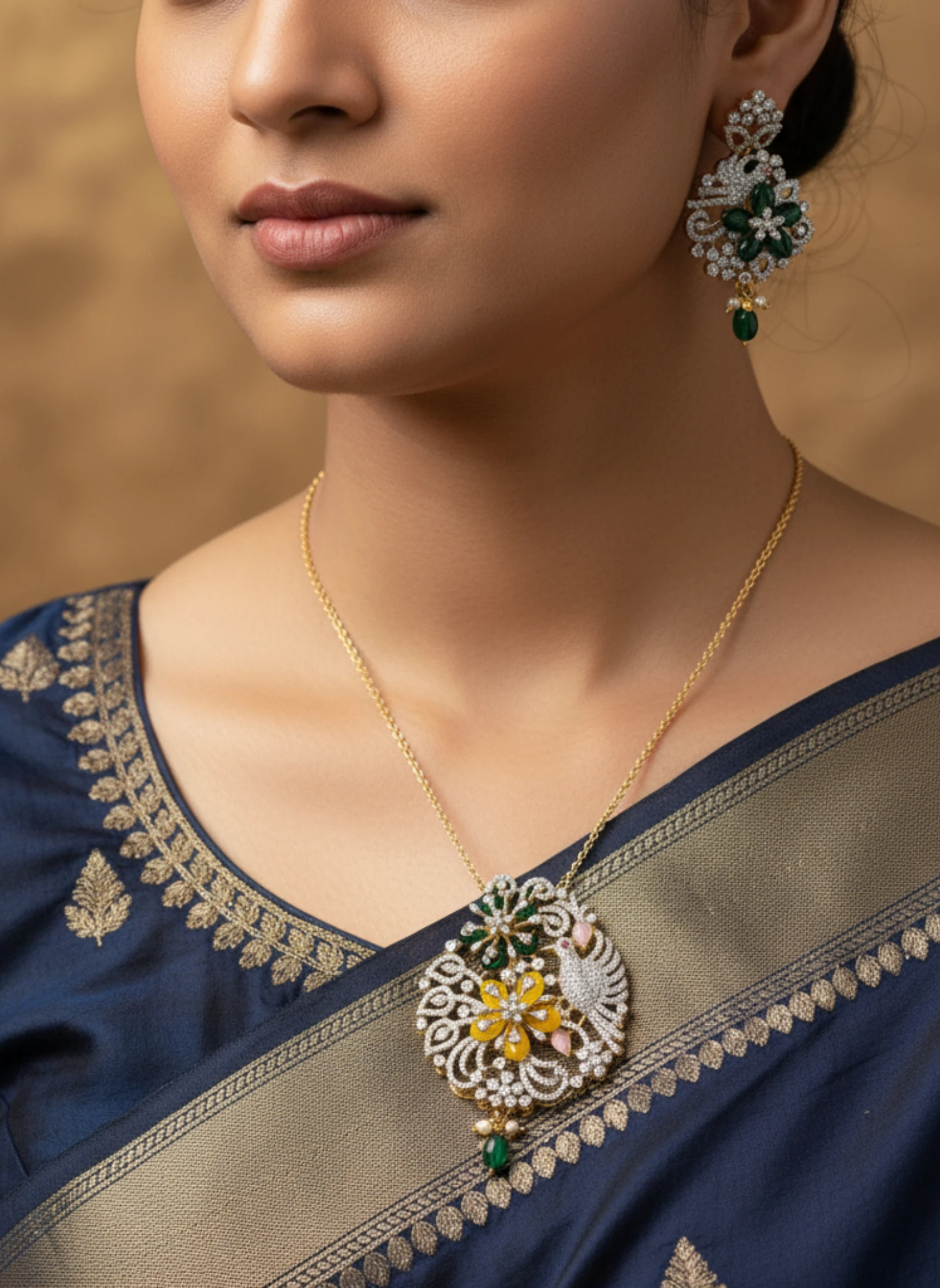 Emerald Green CZ Floral Pendant Set with Earrings | American Diamond Jewellery