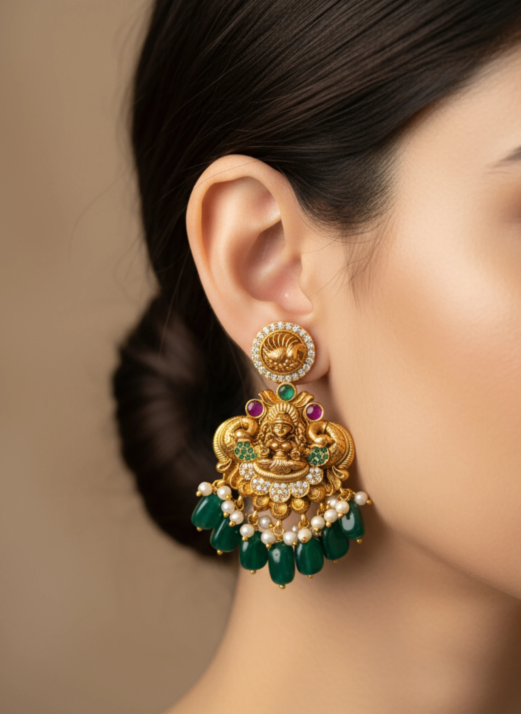 Gold-Tone Necklace & Jhumka Earrings Set – Traditional Temple-Style Choker with Green Onyx and Pearl Accents