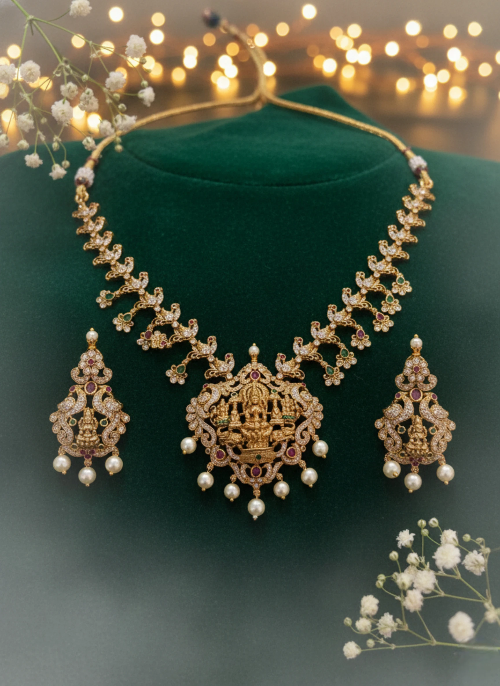 Traditional Lakshmi Temple Necklace Set with Ruby, Emerald & Pearl Drops