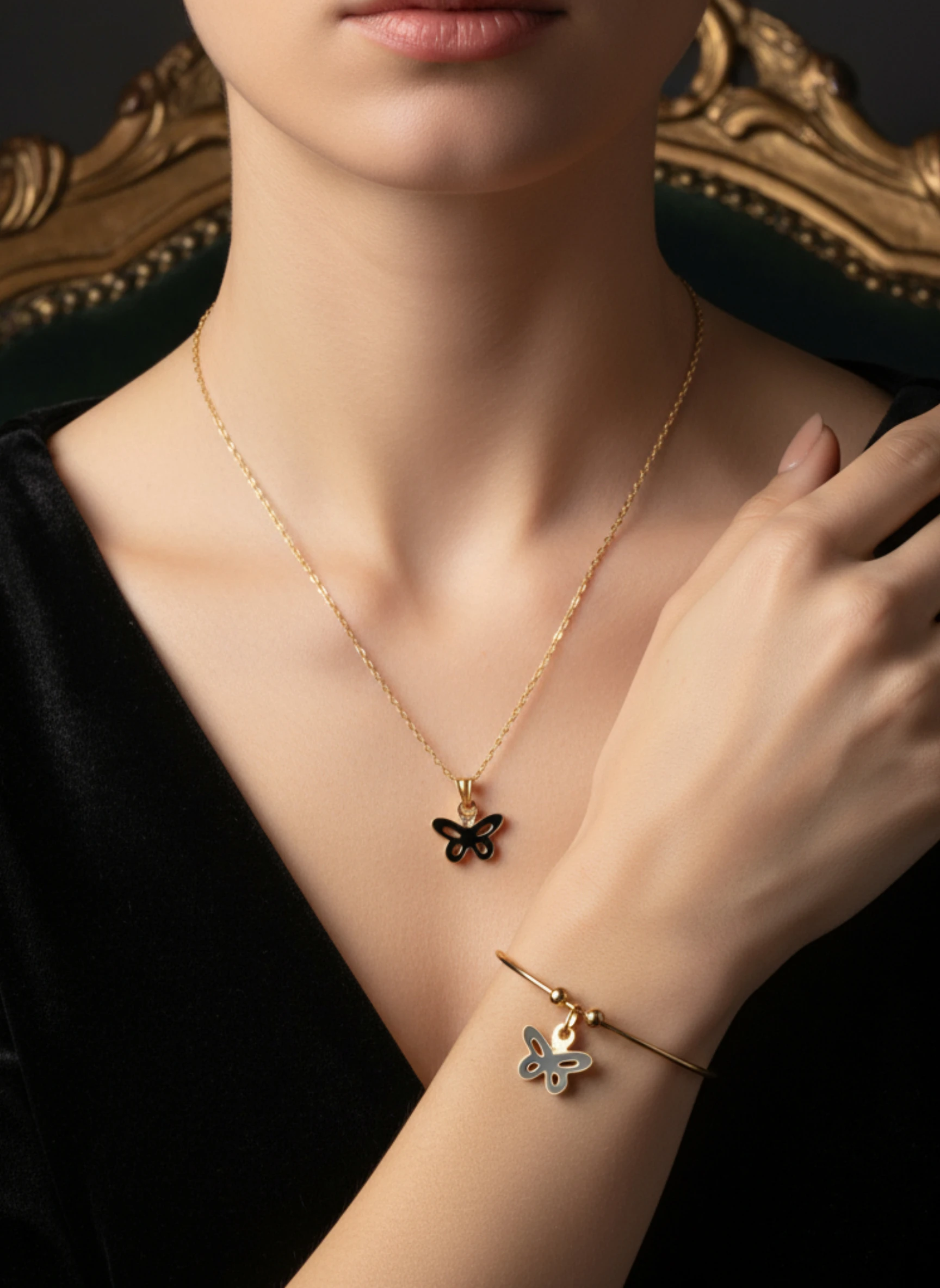 Lightweight Butterfly Motif Necklace & Bracelet Set – Indian Gold-Tone Jewelry