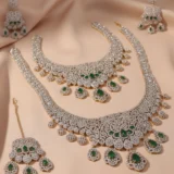 Complete CZ Necklace Set with Dual Tour Necklaces, Earrings, Maang Tikka