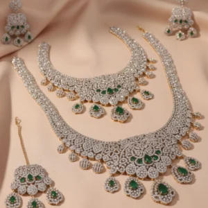Complete CZ Necklace Set with Dual Tour Necklaces, Earrings, Maang Tikka