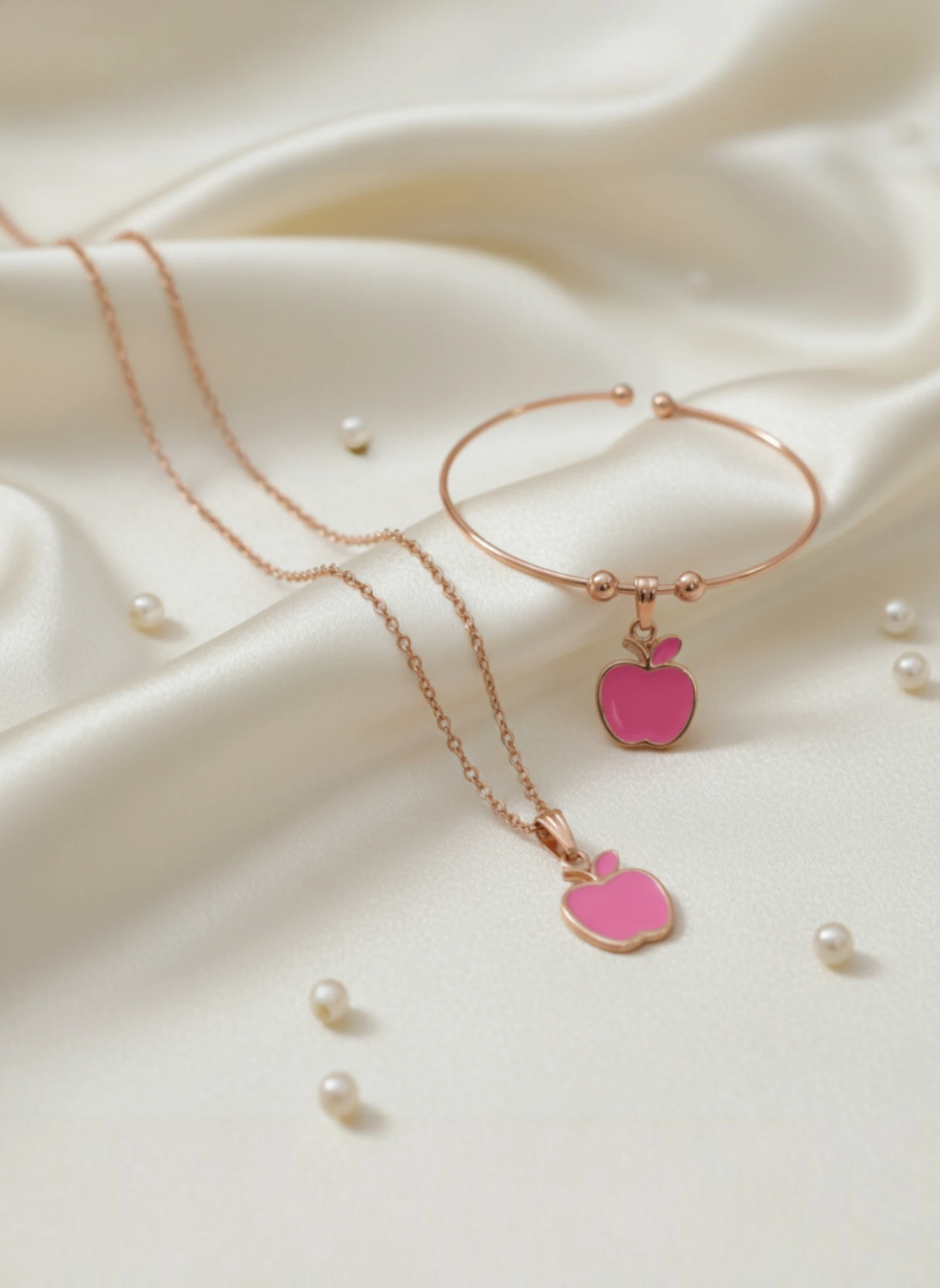 Apple Pendant Necklace & Bracelet Set in Gold-Tone with Colored Gem Accents