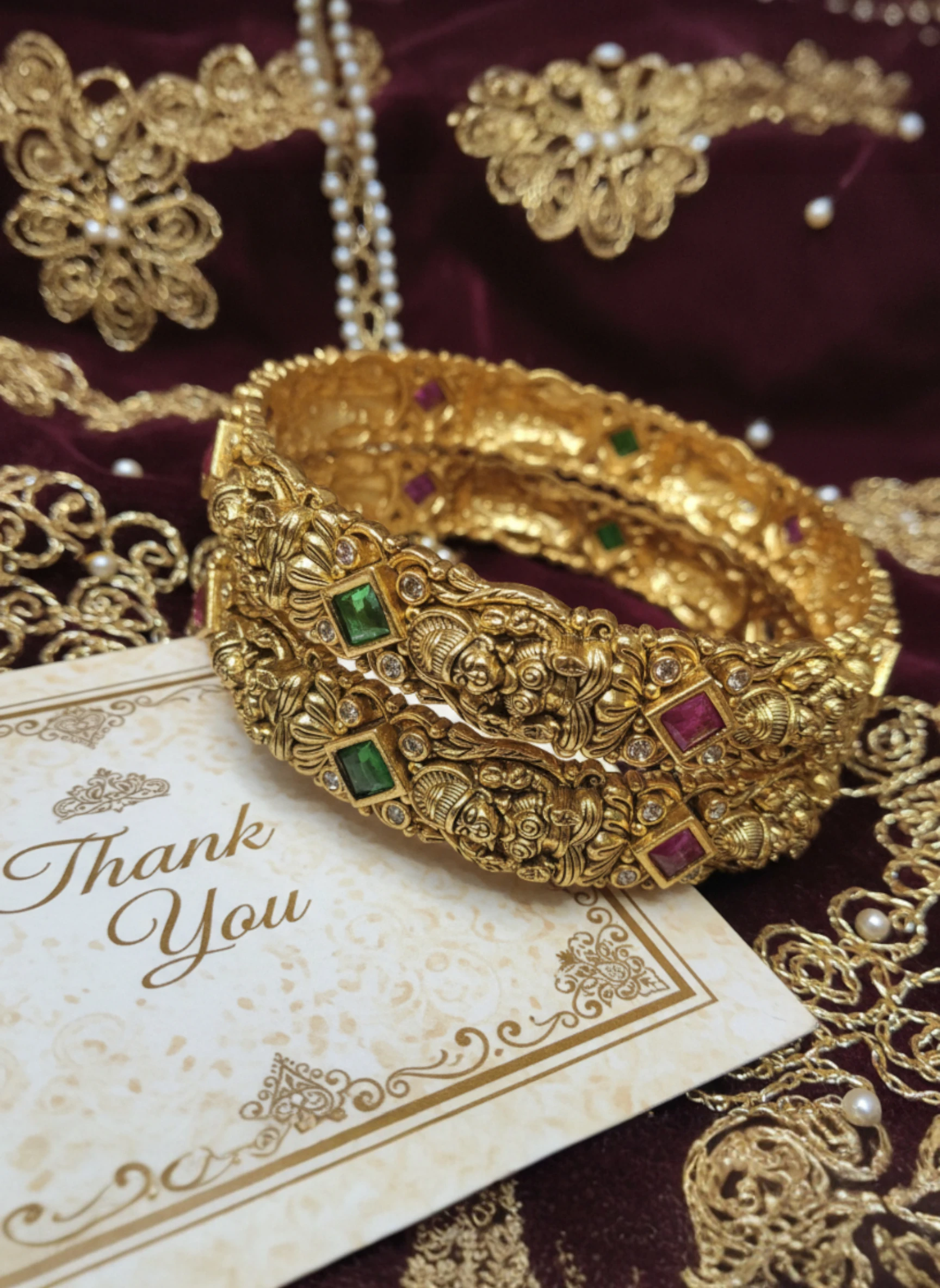Antique Gold Temple Bangles with Ruby Emerald Stones | Lakshmi Design Bangles Set