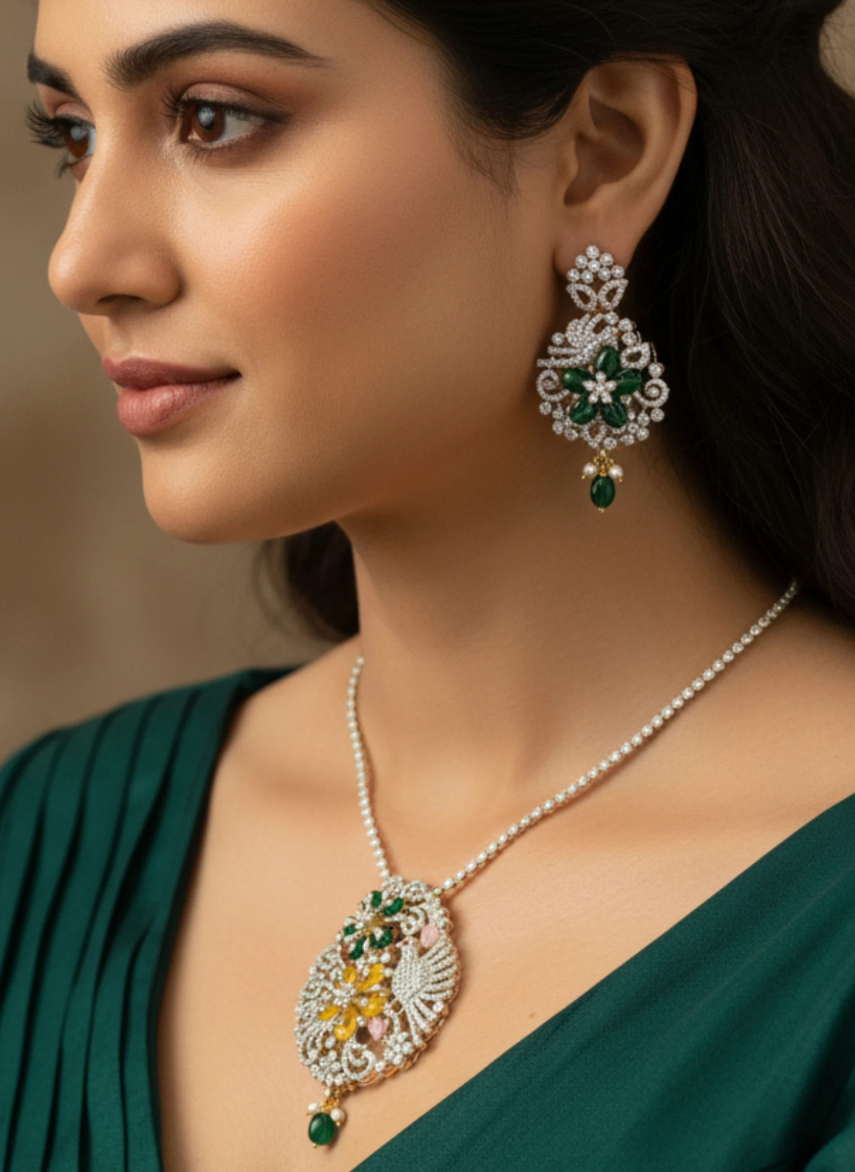 Emerald Green CZ Floral Pendant Set with Earrings | American Diamond Jewellery