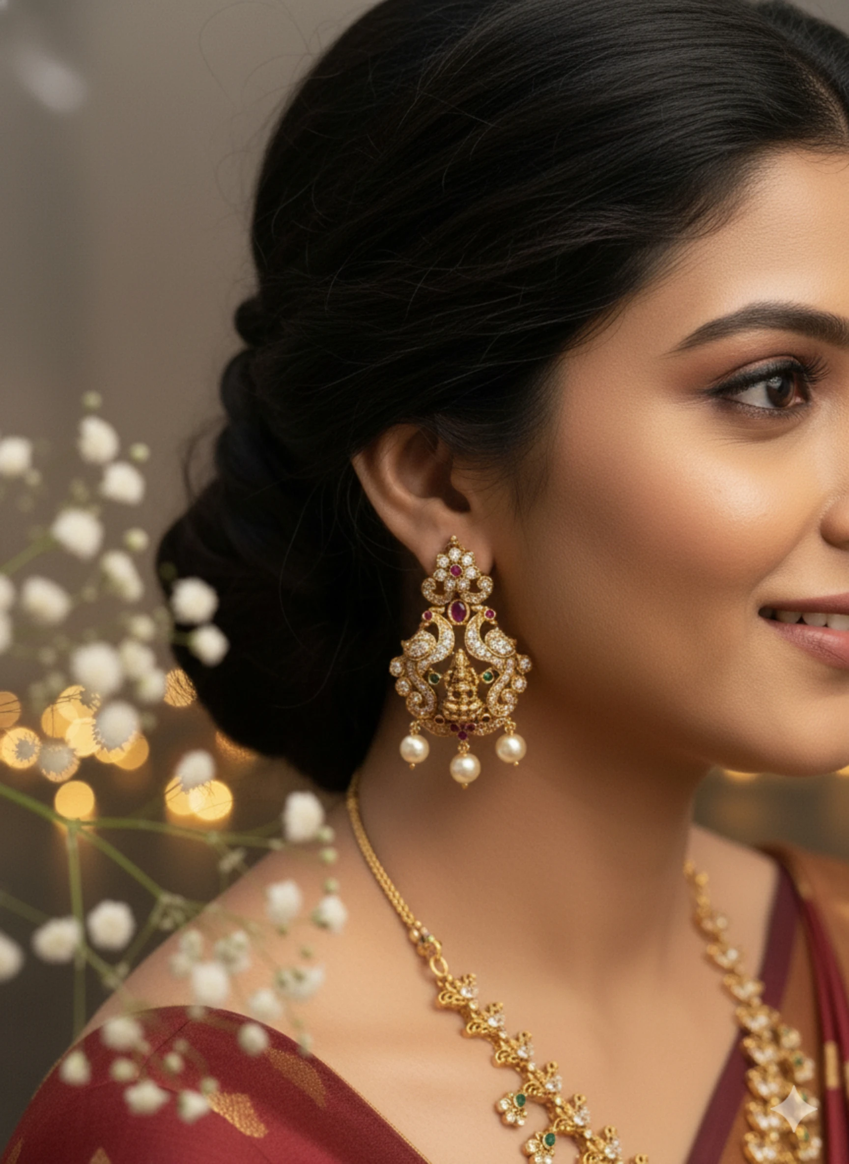 Traditional Lakshmi Temple Necklace Set with Ruby, Emerald & Pearl Drops