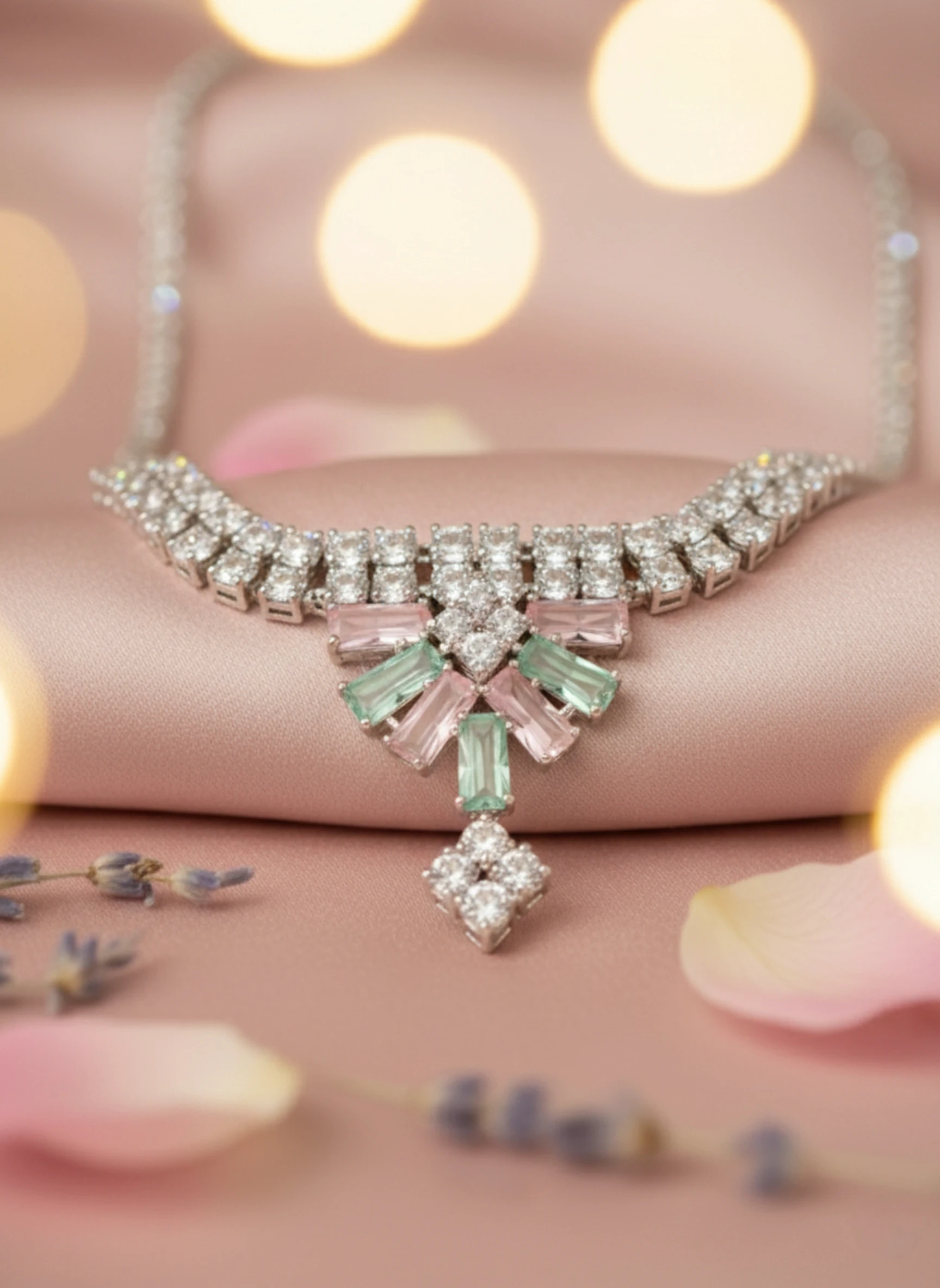 Lightweight Pastel Diamond Necklace Set – Elegant American Diamond Jewellery for Special Occasions