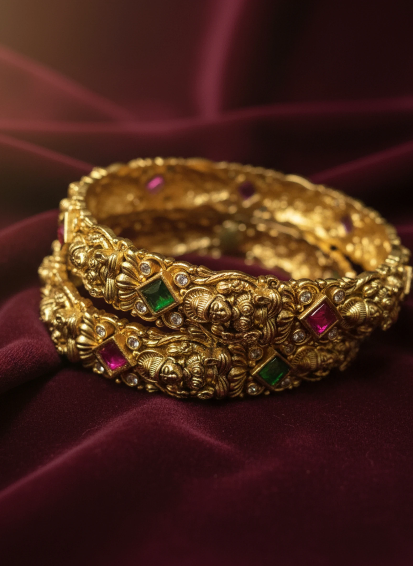 Antique Gold Temple Bangles with Ruby Emerald Stones | Lakshmi Design Bangles Set