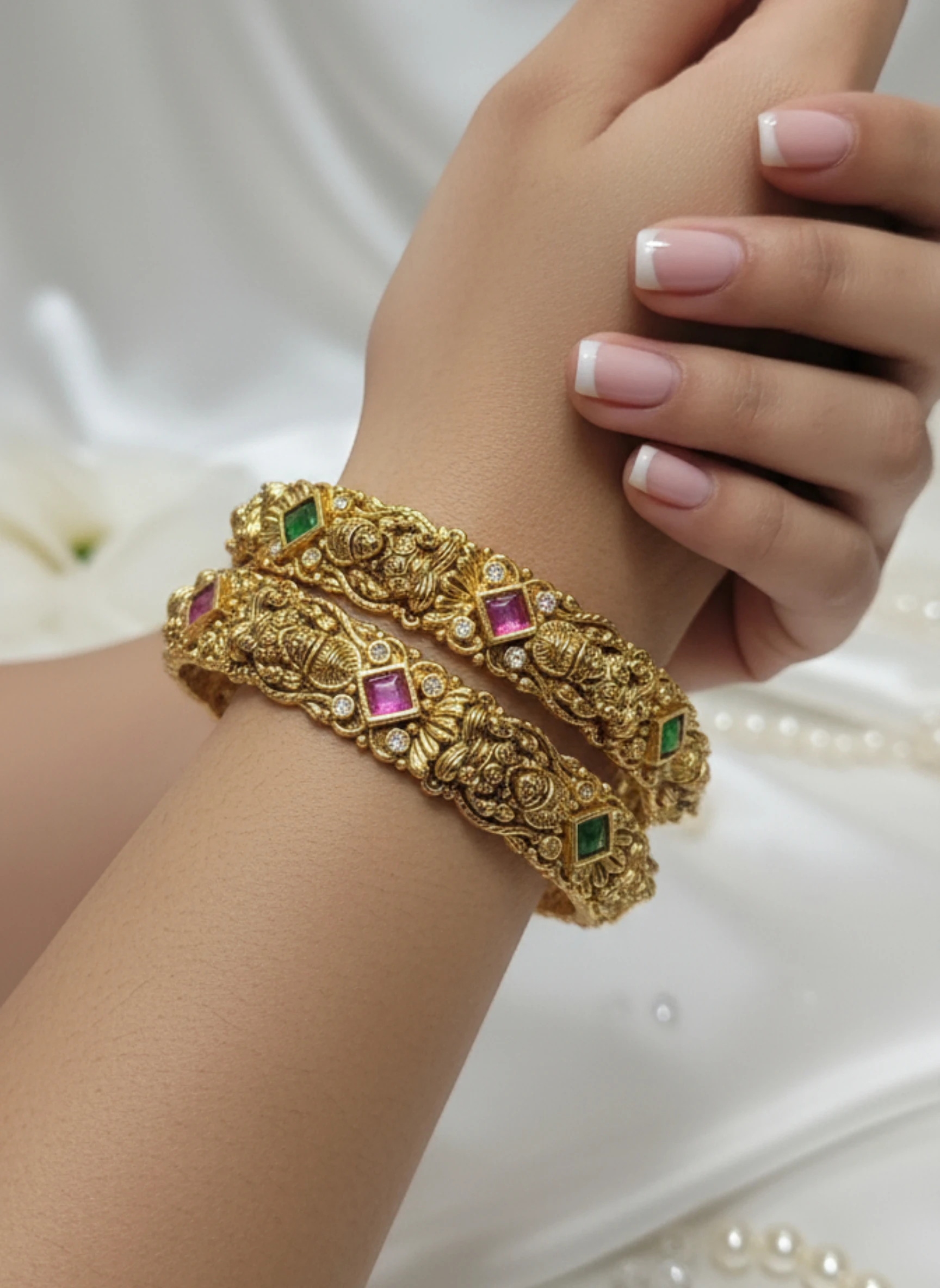 Antique Gold Temple Bangles with Ruby Emerald Stones | Lakshmi Design Bangles Set