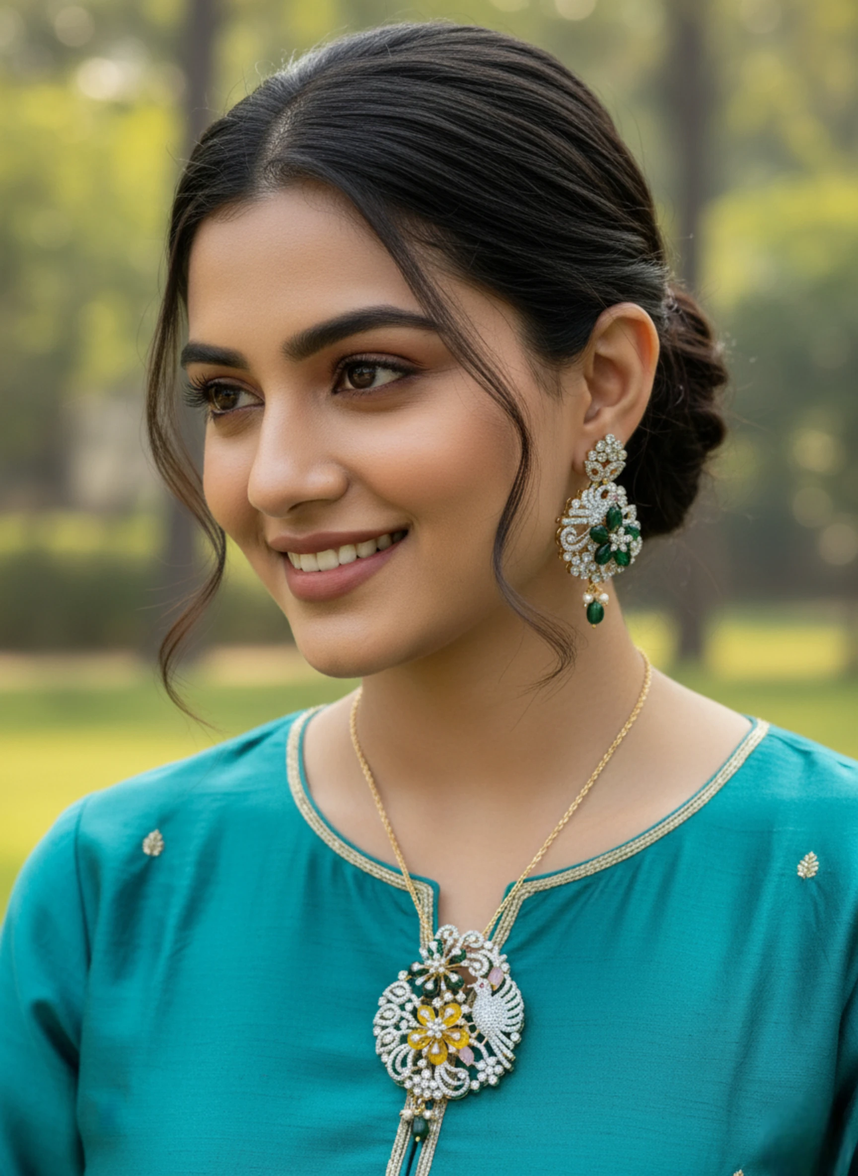Emerald Green CZ Floral Pendant Set with Earrings | American Diamond Jewellery