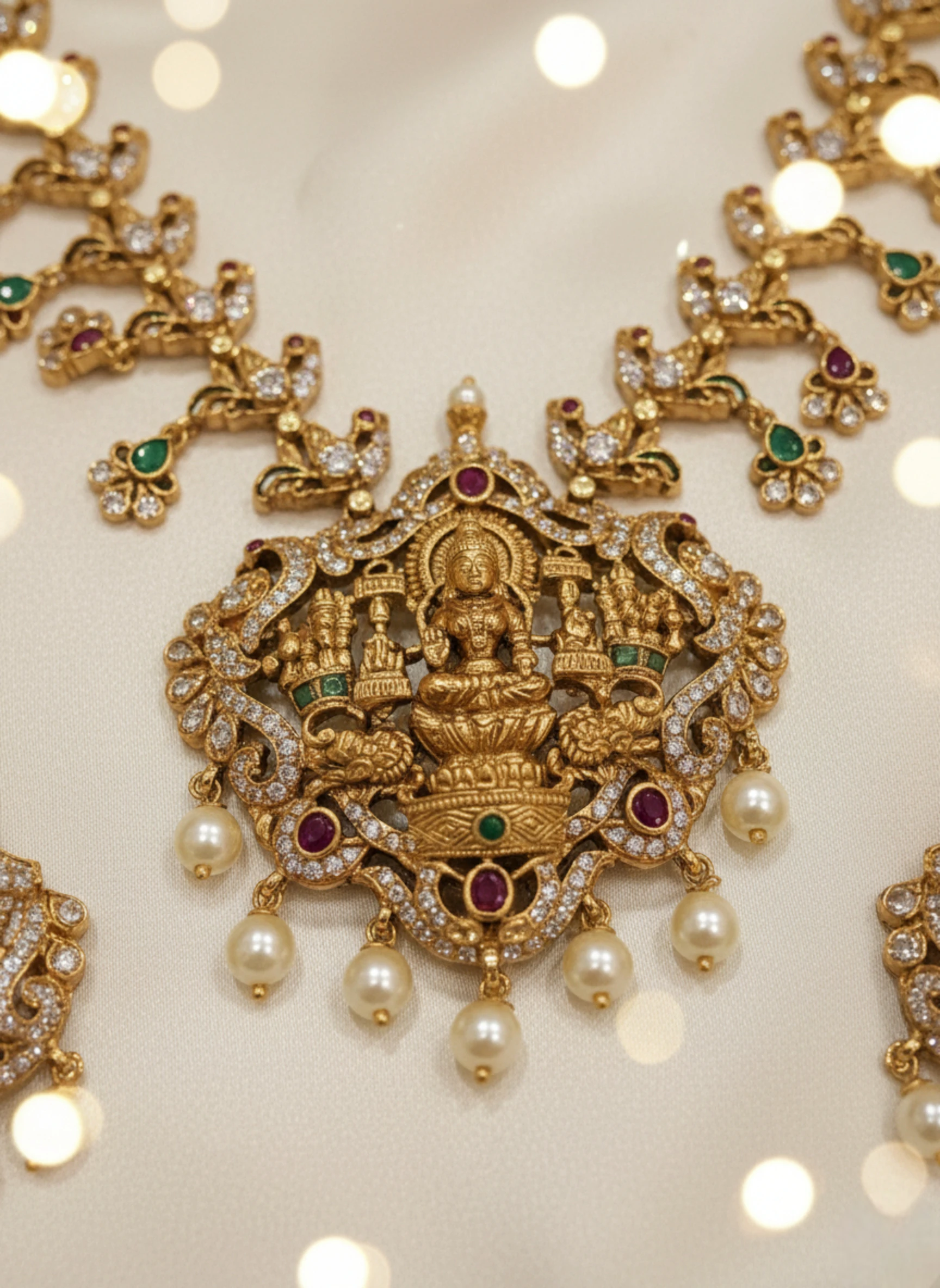 Traditional Lakshmi Temple Necklace Set with Ruby, Emerald & Pearl Drops