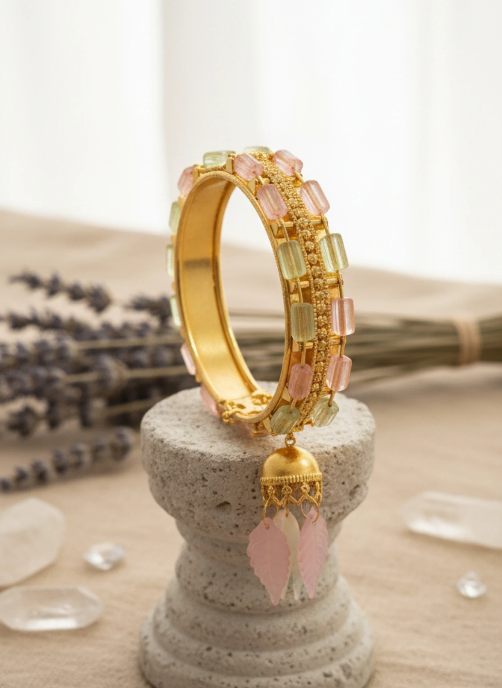 Gold-Tone Kada/Bracelet with Colored Glass Beads