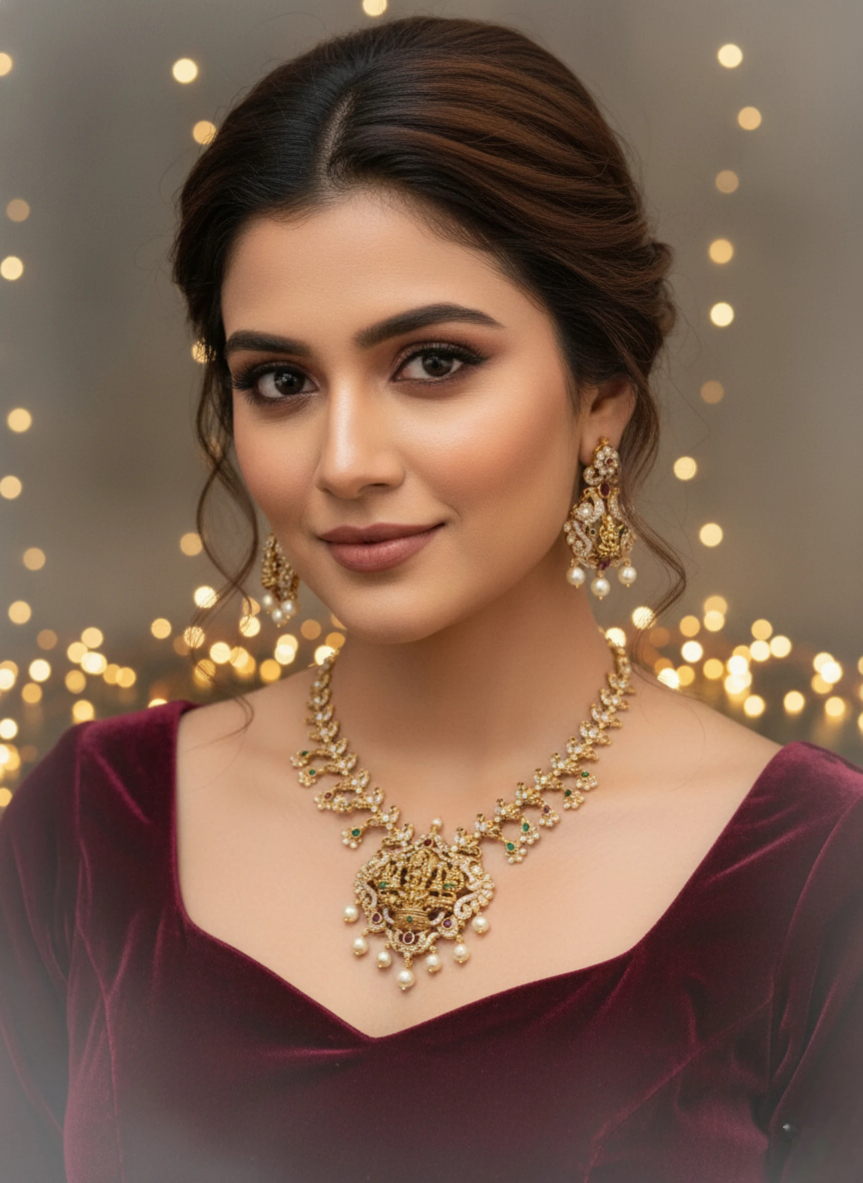 Traditional Lakshmi Temple Necklace Set with Ruby, Emerald & Pearl Drops