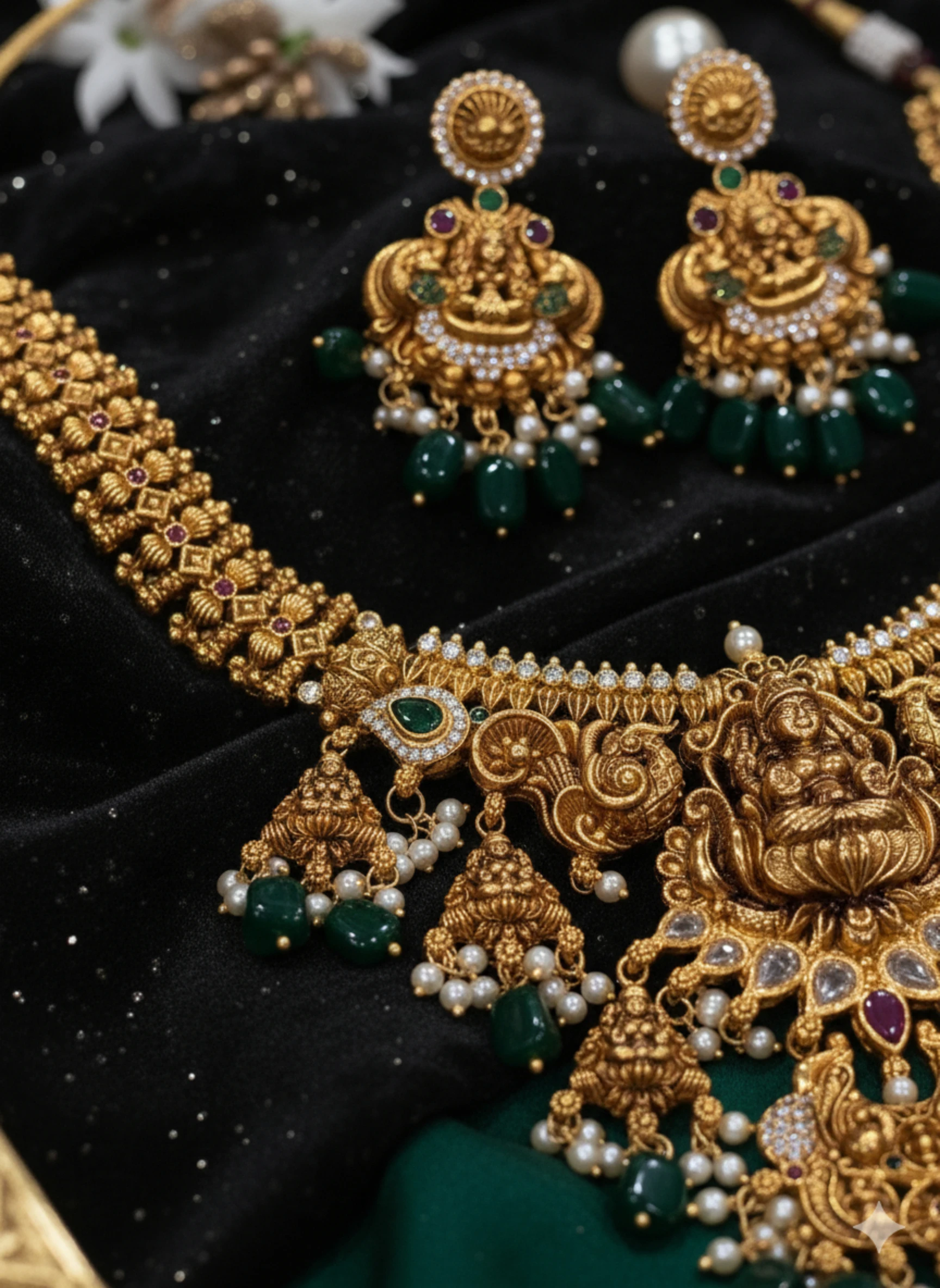Gold-Tone Necklace & Jhumka Earrings Set – Traditional Temple-Style Choker with Green Onyx and Pearl Accents