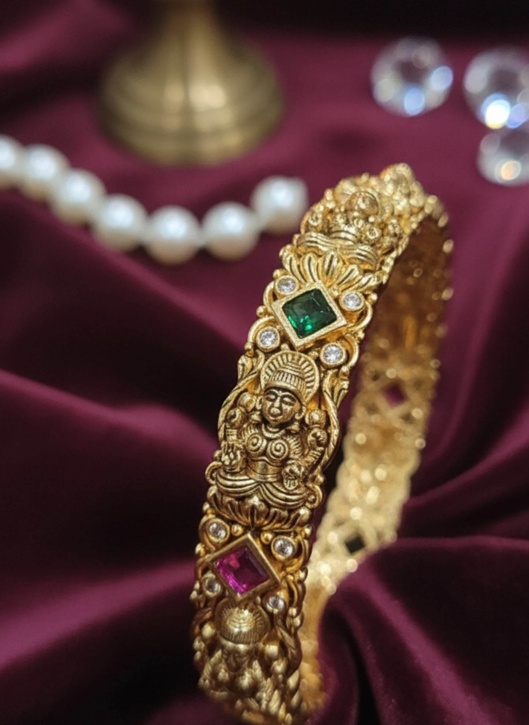 Antique Gold Temple Bangles with Ruby Emerald Stones | Lakshmi Design Bangles Set