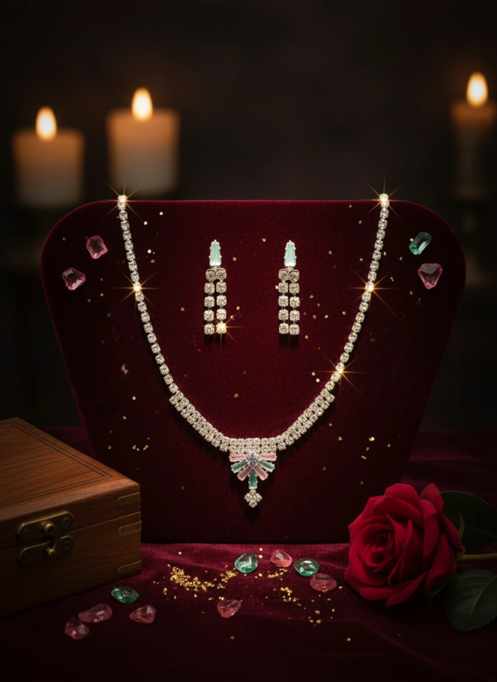 Lightweight Pastel Diamond Necklace Set – Elegant American Diamond Jewellery for Special Occasions