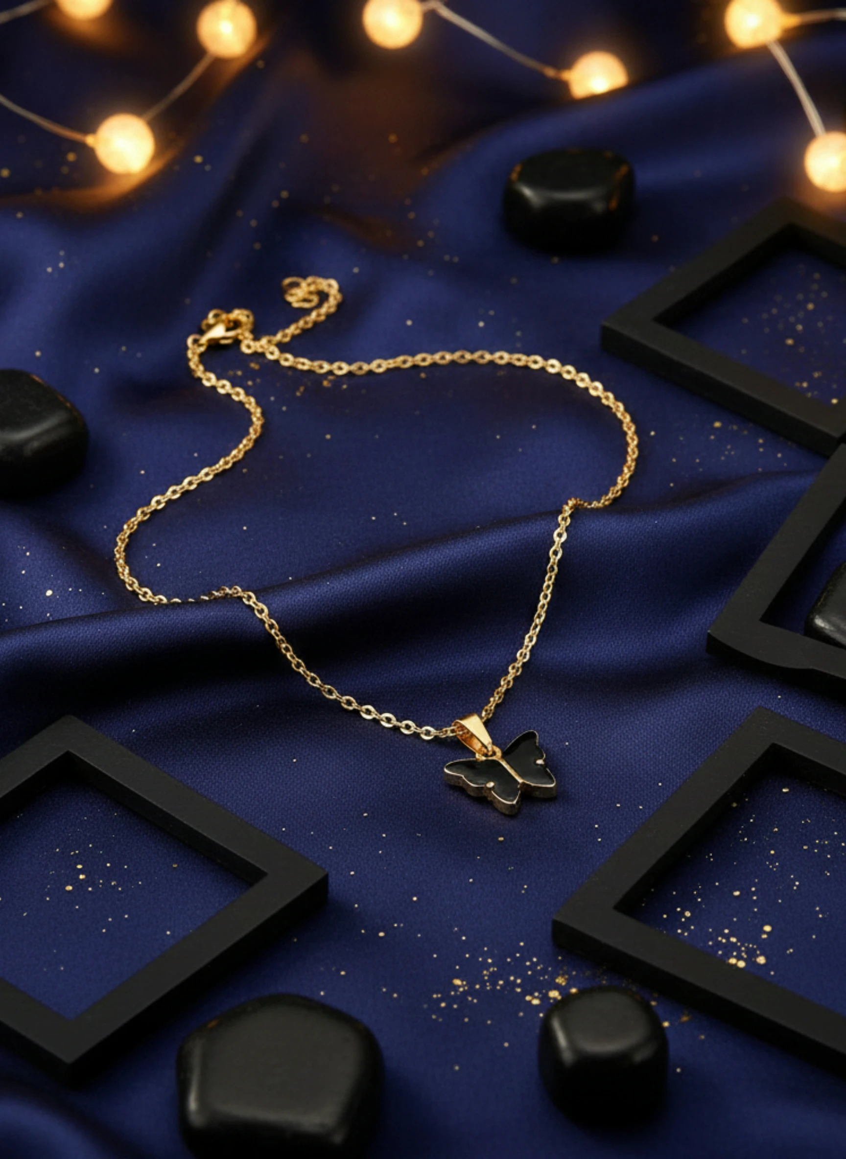 Golden Flutter Black Butterfly Necklace
