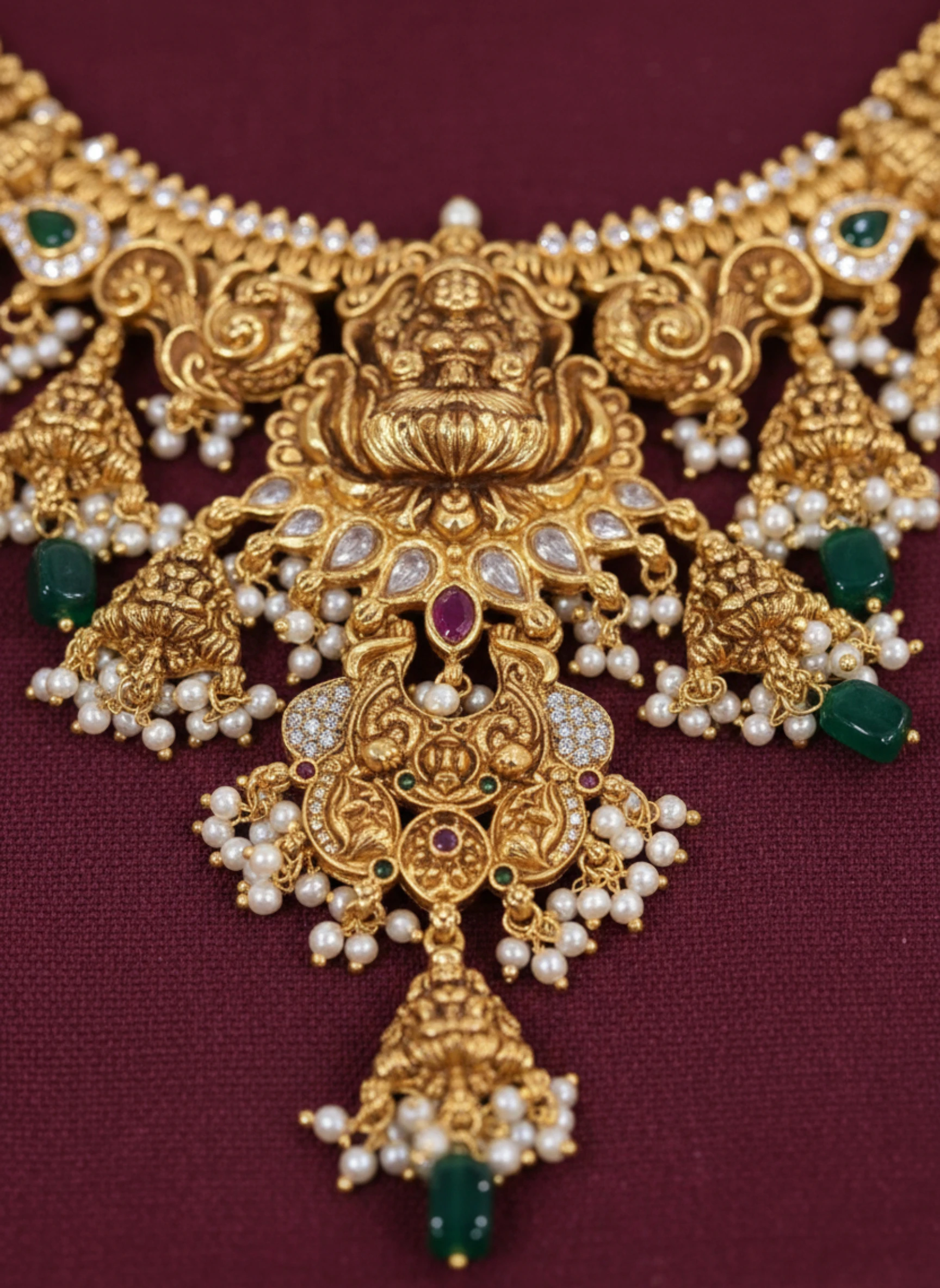 Gold-Tone Necklace & Jhumka Earrings Set – Traditional Temple-Style Choker with Green Onyx and Pearl Accents