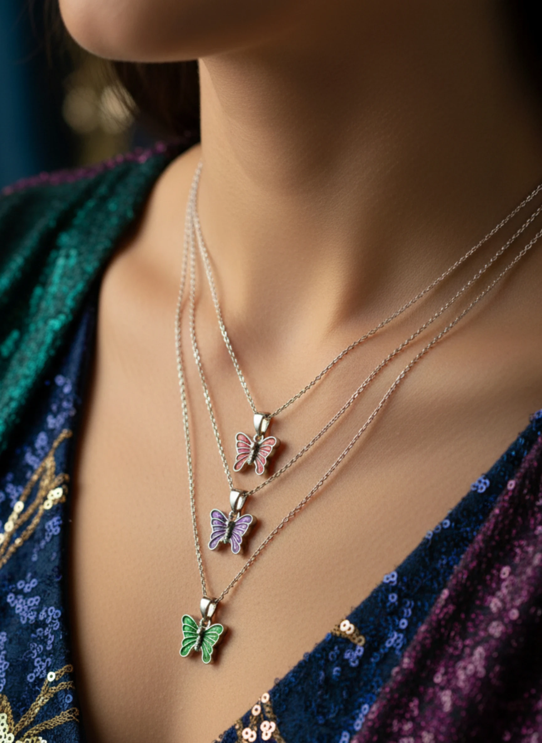 Butterfly Necklace Set – Lightweight Multi-Color Variants (Green, Purple, Red, Blue) – Indian Tone Collection