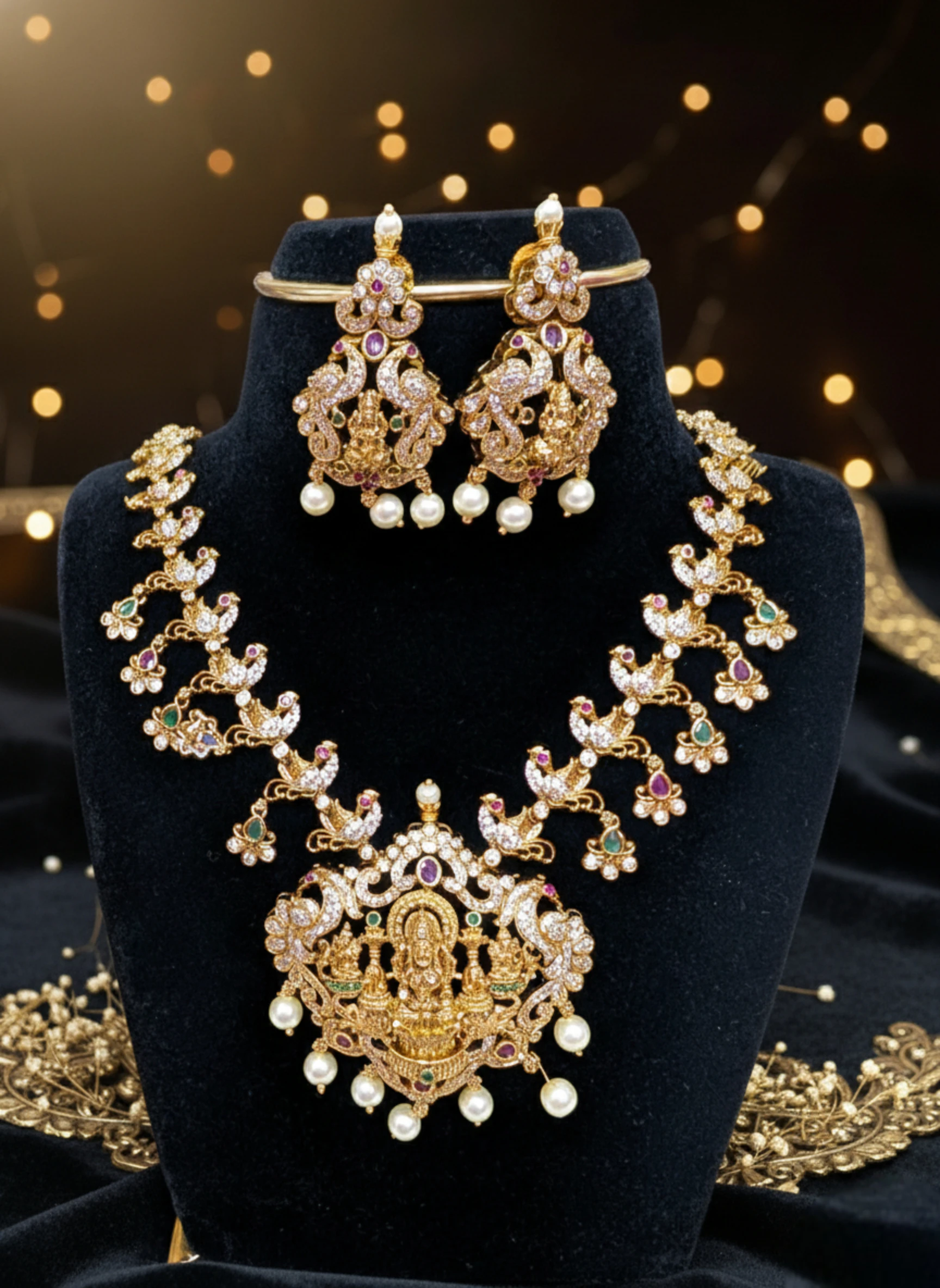 Traditional Lakshmi Temple Necklace Set with Ruby, Emerald & Pearl Drops