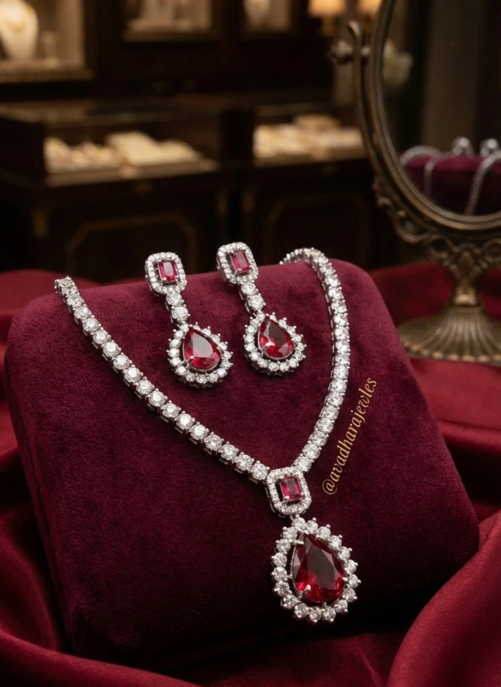 Shahi Ruby Solitaire Necklace Set - CZ & Red Teardrop Indian Jewelry