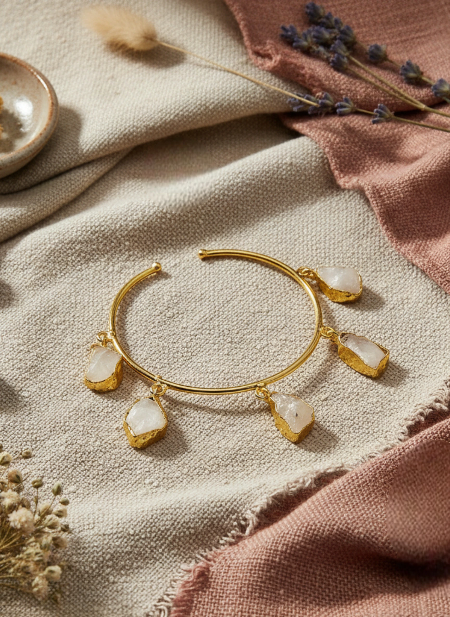 Druzy Charm Cuff Bracelet - Gold Tone & Raw Stone Bangle - Indian Fusion Jewelry