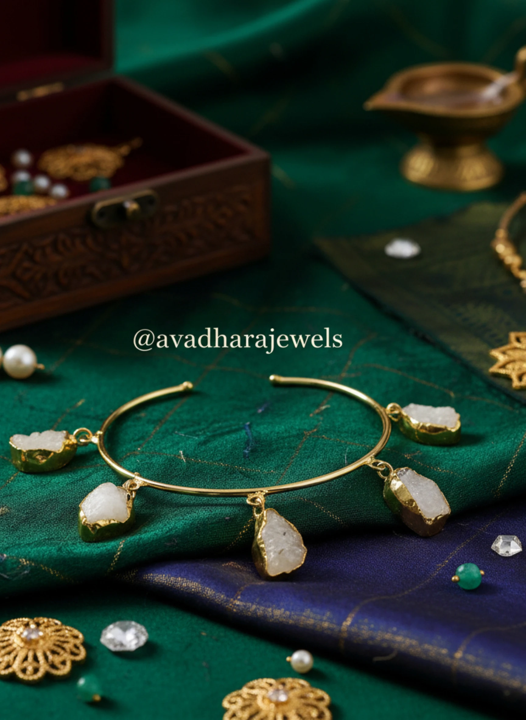 Druzy Charm Cuff Bracelet - Gold Tone & Raw Stone Bangle - Indian Fusion Jewelry