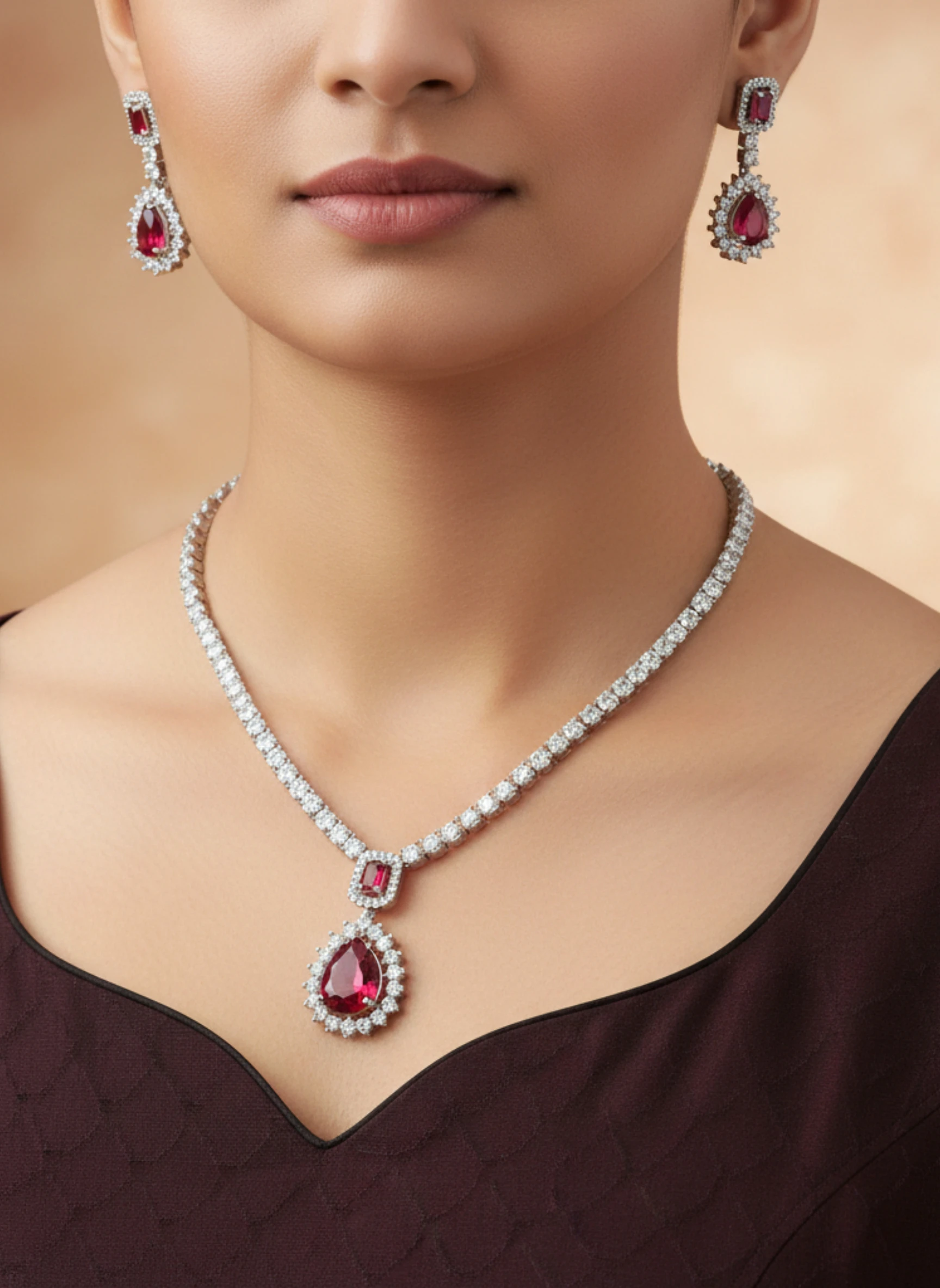 Shahi Ruby Solitaire Necklace Set - CZ & Red Teardrop Indian Jewelry