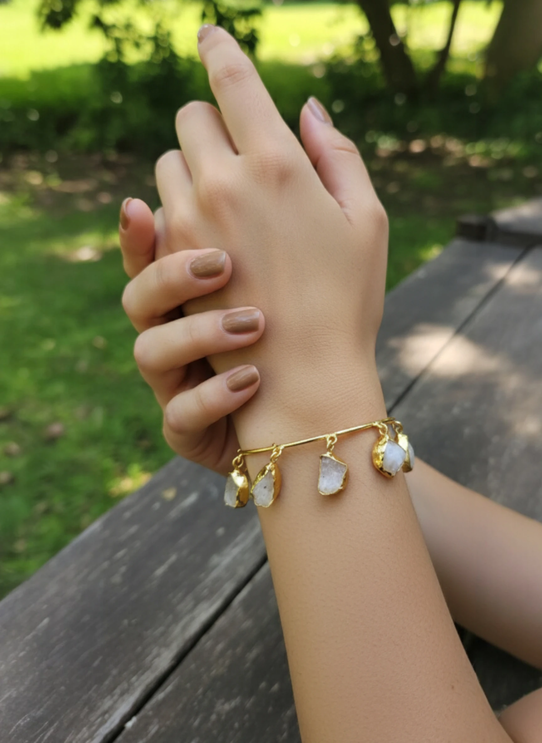 Druzy Charm Cuff Bracelet - Gold Tone & Raw Stone Bangle - Indian Fusion Jewelry