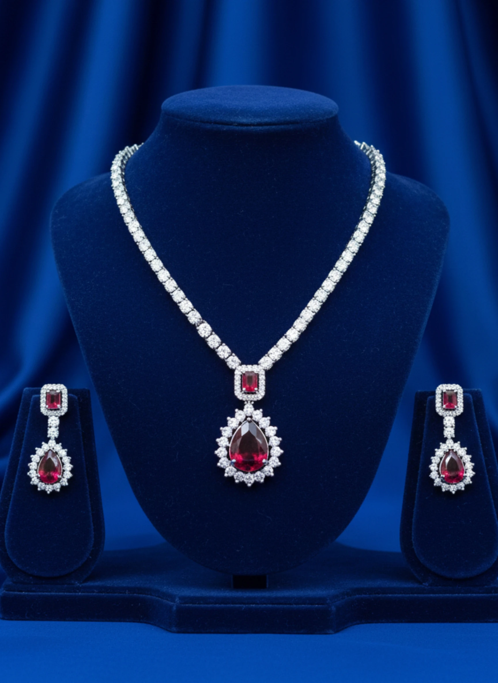 Shahi Ruby Solitaire Necklace Set - CZ & Red Teardrop Indian Jewelry