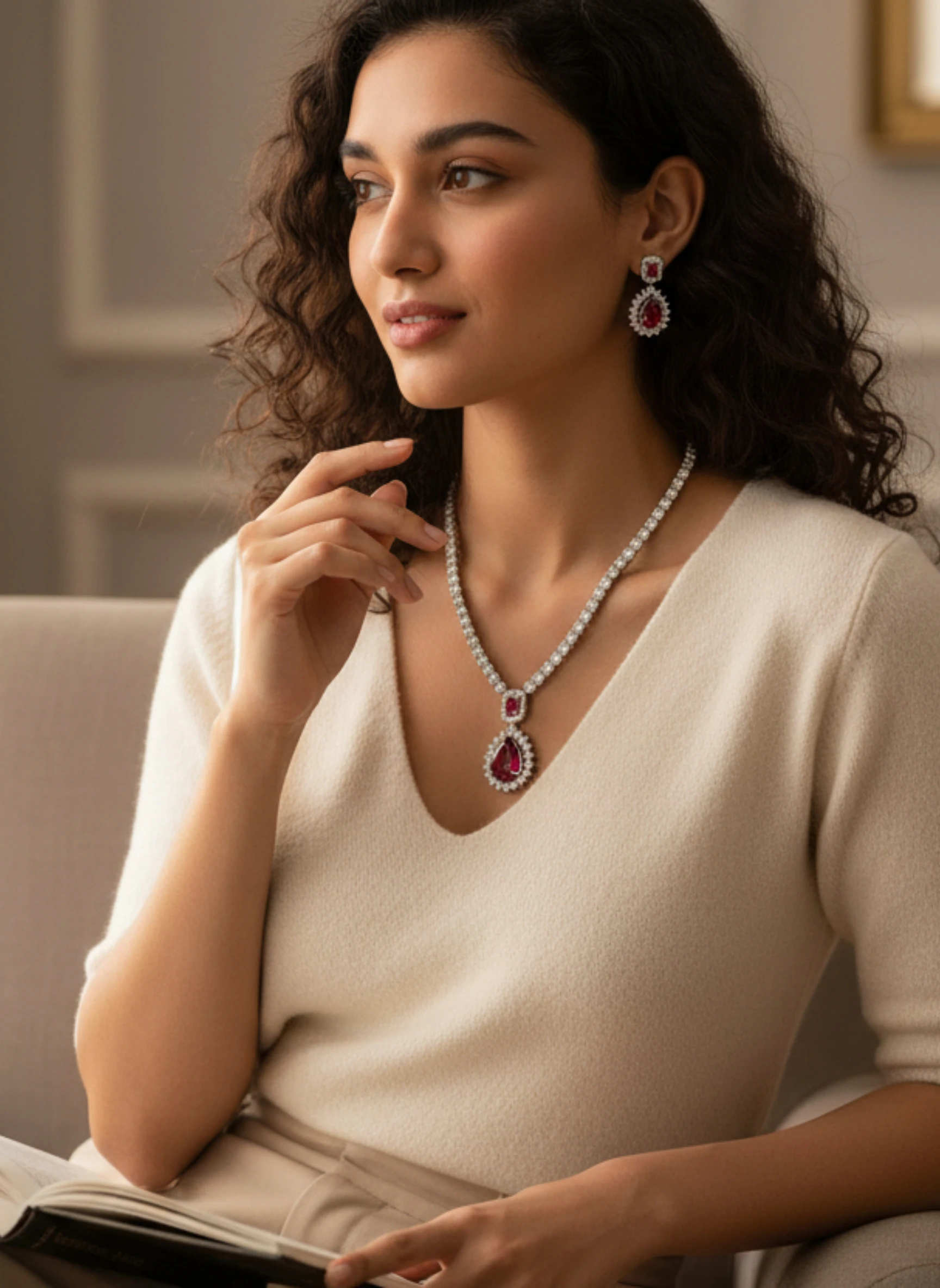 Shahi Ruby Solitaire Necklace Set - CZ & Red Teardrop Indian Jewelry