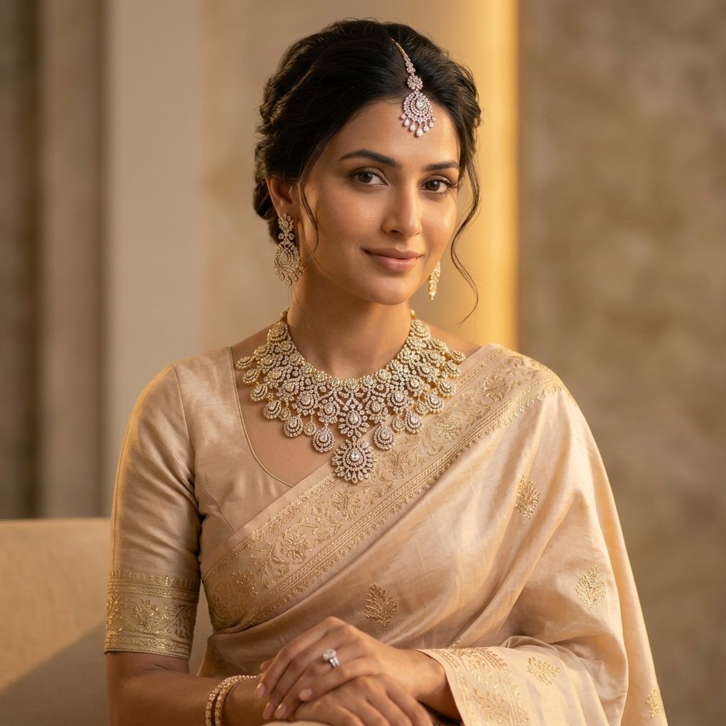 Modern Indian woman wearing sparkling CZ jewellery set from Avadhara with luxury diamond-inspired styling